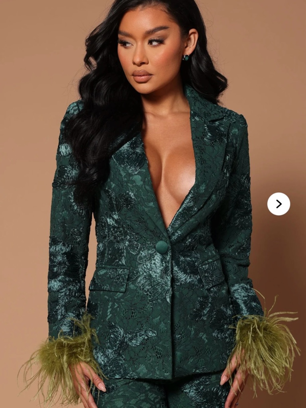 Emerald Green Floral Jacquard Blazer with Feather Cuffs